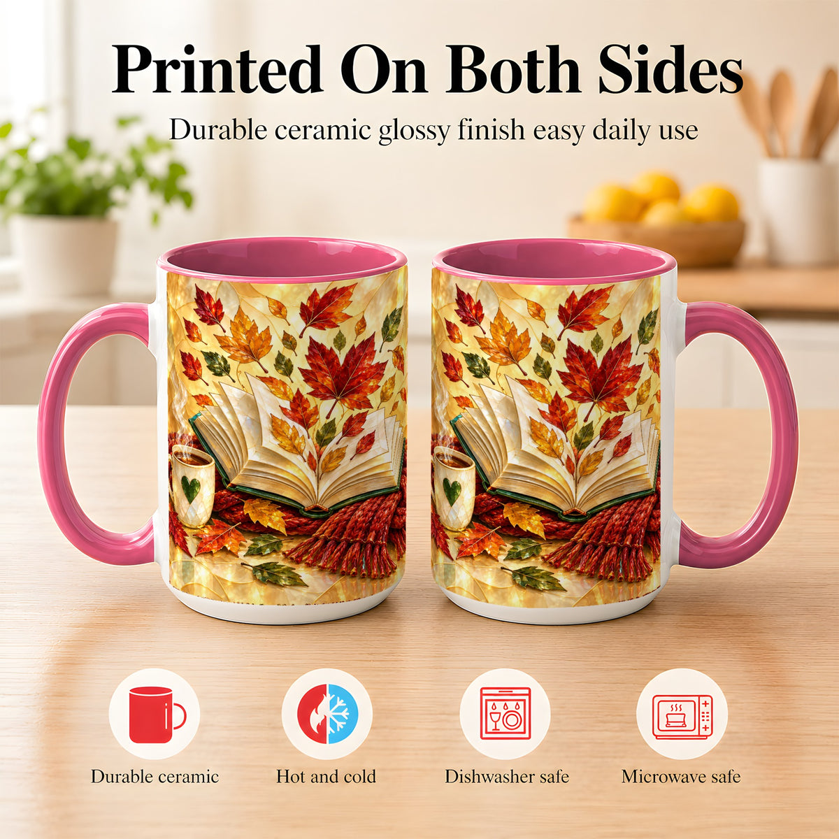 #pl[15oz|Pink] Stained Glass Autumn Coffee Mug, Cozy Reading Mug, Ceramic Cup