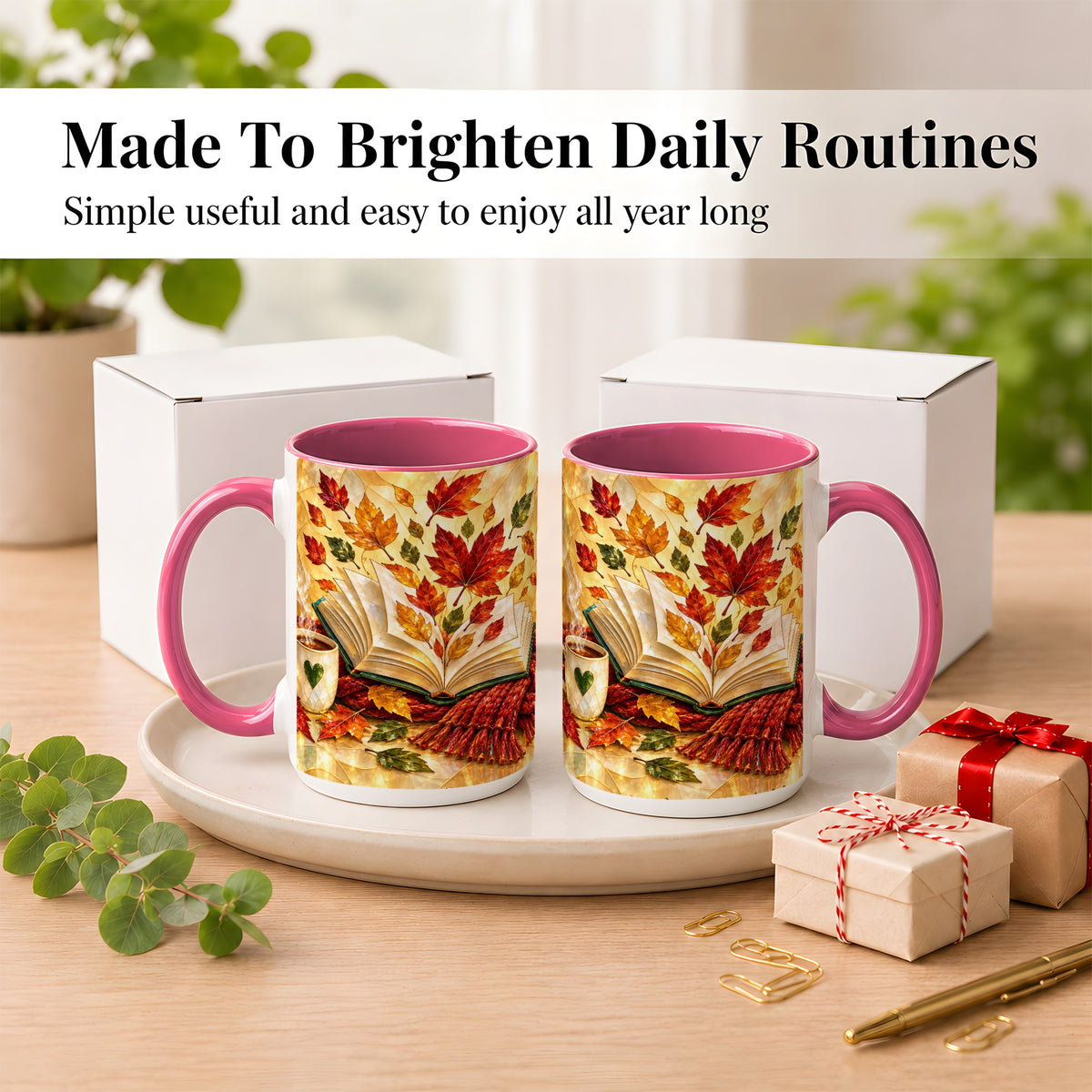 #pl[15oz|Pink] Stained Glass Autumn Coffee Mug, Cozy Reading Mug, Ceramic Cup