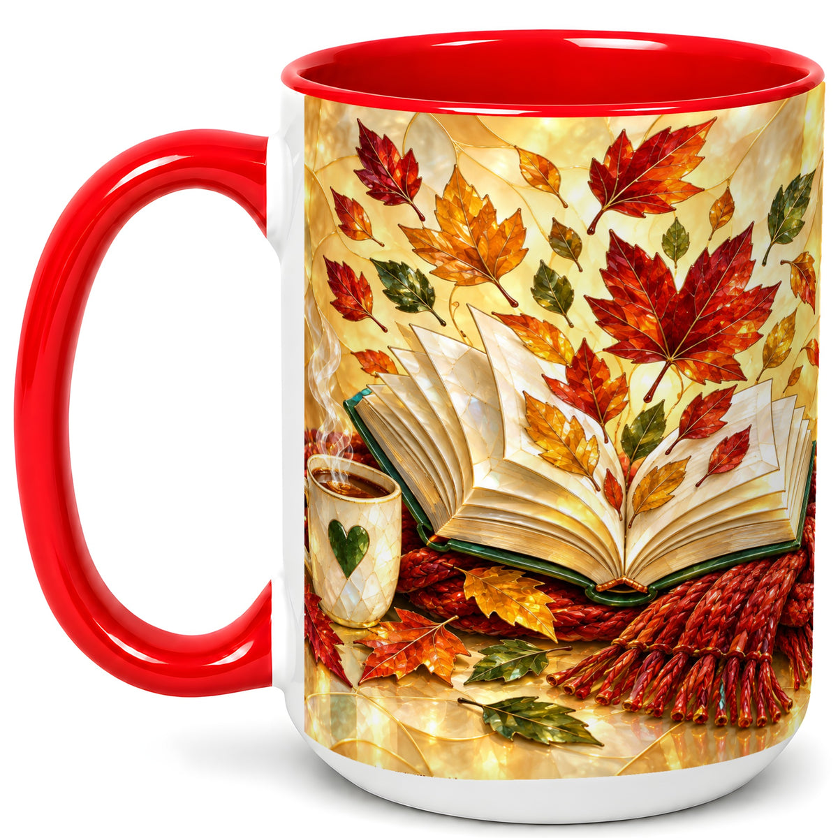 #pl[15oz|Red] Stained Glass Autumn Coffee Mug, Cozy Reading Mug, Ceramic Cup