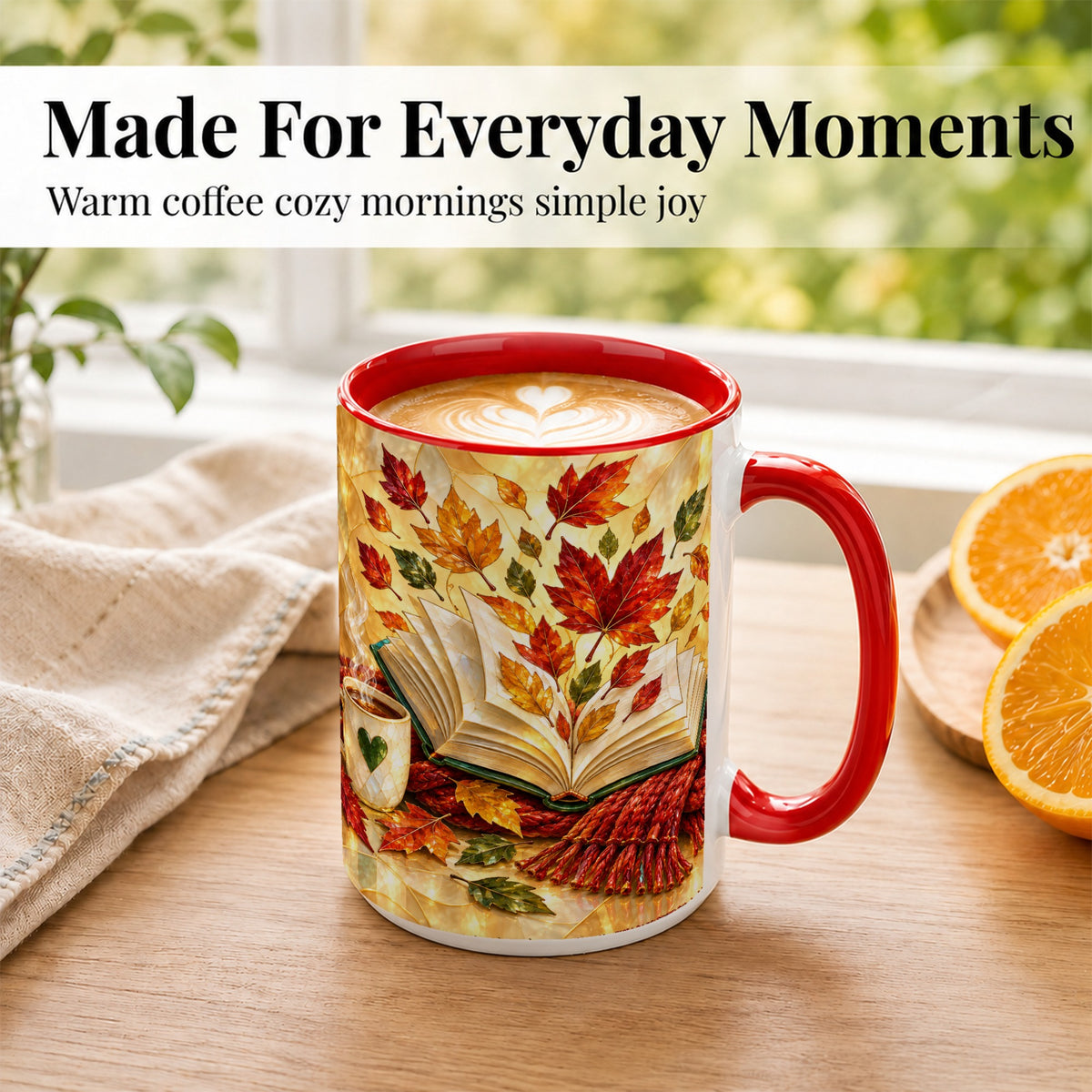 #pl[15oz|Red] Stained Glass Autumn Coffee Mug, Cozy Reading Mug, Ceramic Cup