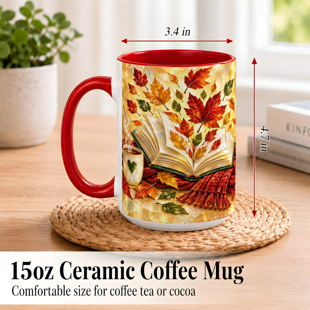 #pl[15oz|Red] Stained Glass Autumn Coffee Mug, Cozy Reading Mug, Ceramic Cup