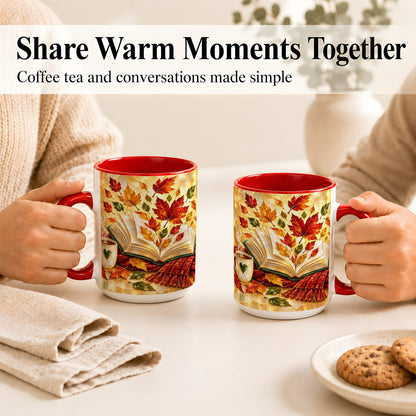 #pl[15oz|Red] Stained Glass Autumn Coffee Mug, Cozy Reading Mug, Ceramic Cup