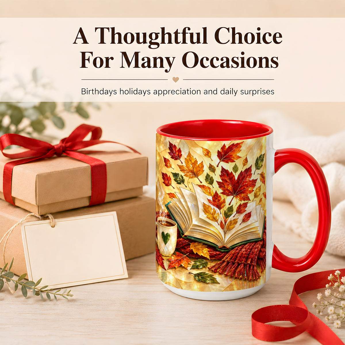 #pl[15oz|Red] Stained Glass Autumn Coffee Mug, Cozy Reading Mug, Ceramic Cup