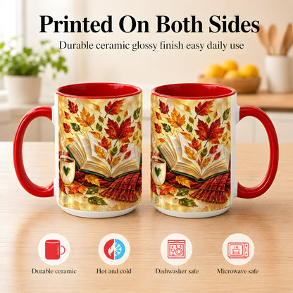#pl[15oz|Red] Stained Glass Autumn Coffee Mug, Cozy Reading Mug, Ceramic Cup