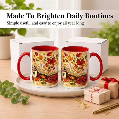 #pl[15oz|Red] Stained Glass Autumn Coffee Mug, Cozy Reading Mug, Ceramic Cup