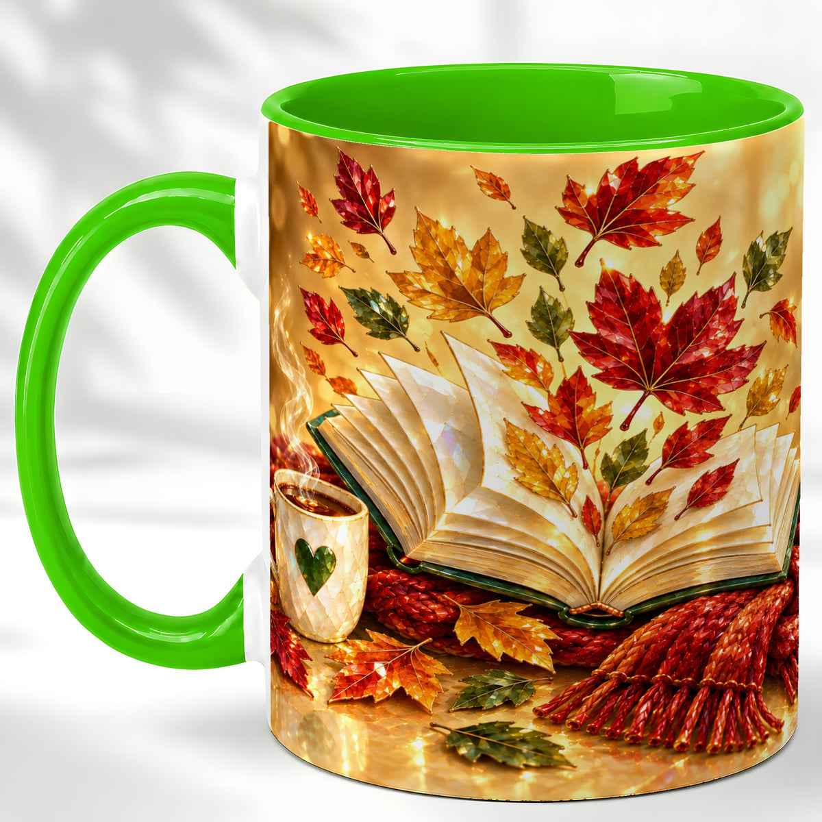 #pl[11oz|Green] Jeweled Autumn Coffee Mug, Cozy Reading Mug, Ceramic Cup