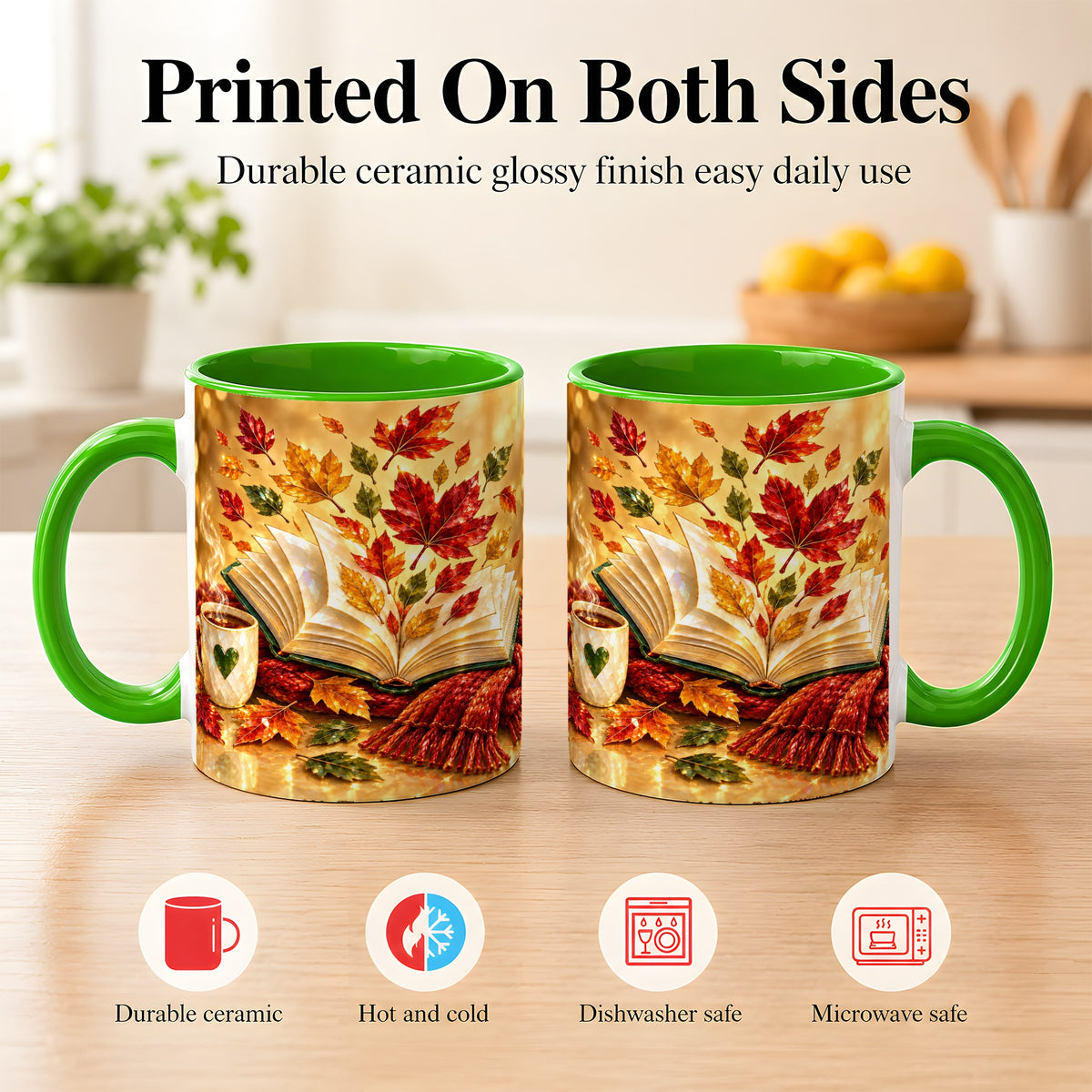 #pl[11oz|Green] Jeweled Autumn Coffee Mug, Cozy Reading Mug, Ceramic Cup