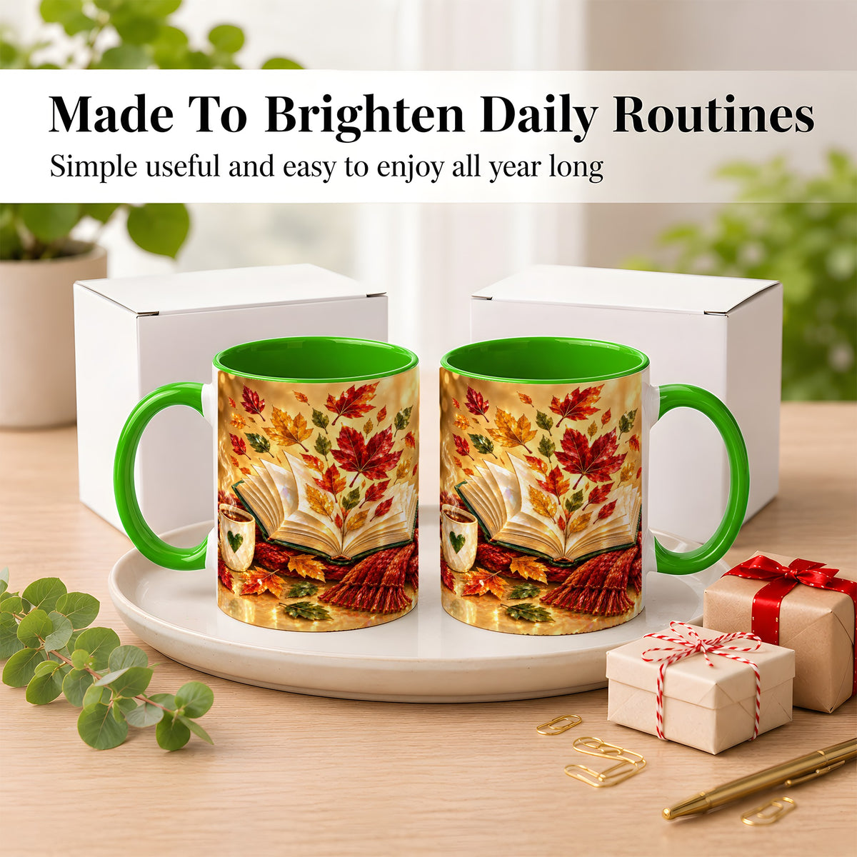 #pl[11oz|Green] Jeweled Autumn Coffee Mug, Cozy Reading Mug, Ceramic Cup