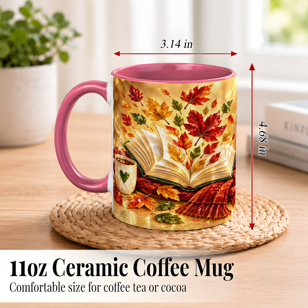#pl[11oz|Pink] Jeweled Autumn Coffee Mug, Cozy Reading Mug, Ceramic Cup