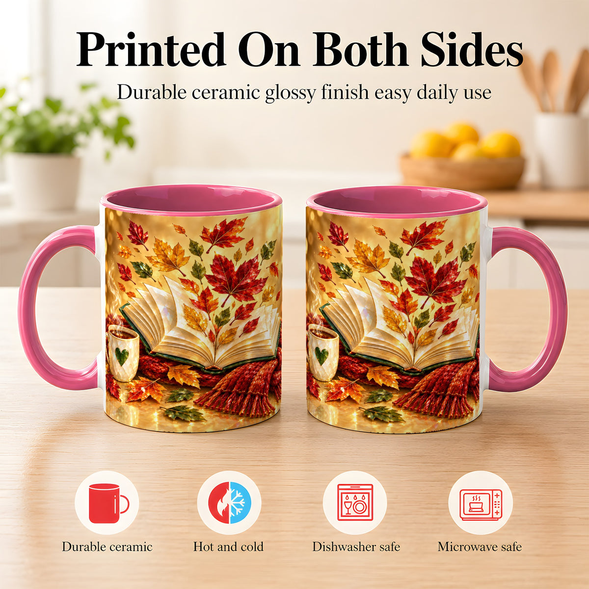 #pl[11oz|Pink] Jeweled Autumn Coffee Mug, Cozy Reading Mug, Ceramic Cup