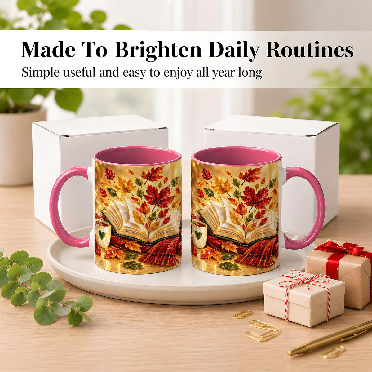 #pl[11oz|Pink] Jeweled Autumn Coffee Mug, Cozy Reading Mug, Ceramic Cup