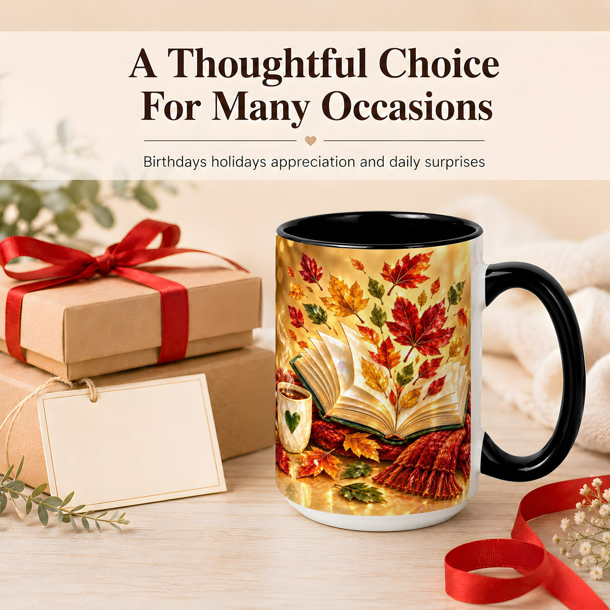 #pl[15oz|Black] Jeweled Autumn Coffee Mug, Cozy Reading Mug, Ceramic Cup