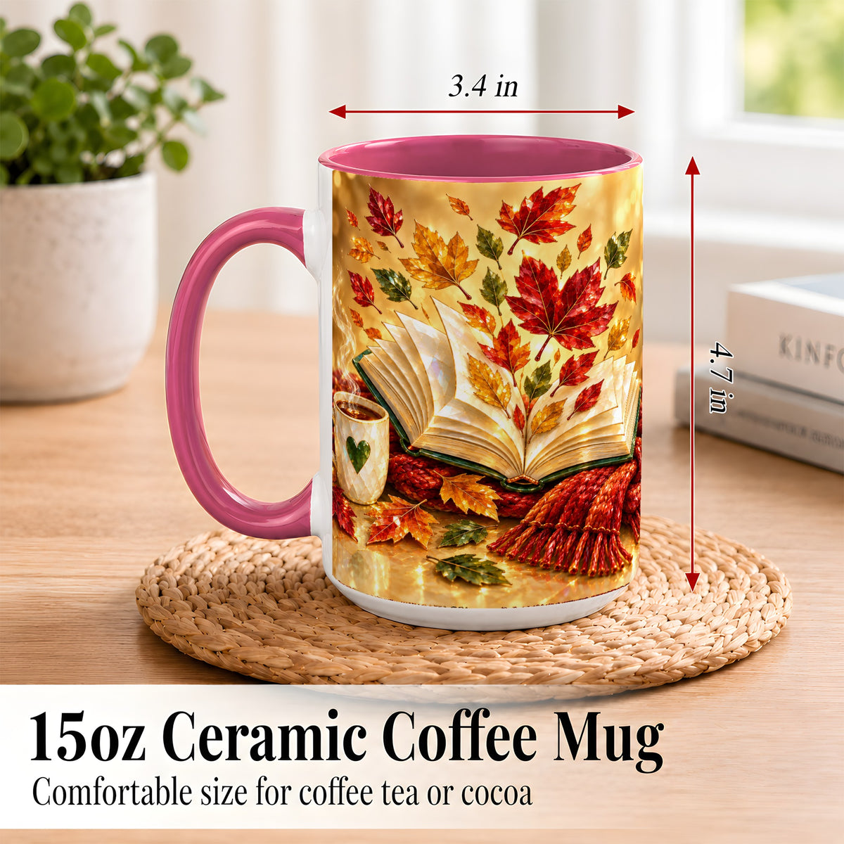 #pl[15oz|Pink] Jeweled Autumn Coffee Mug, Cozy Reading Mug, Ceramic Cup