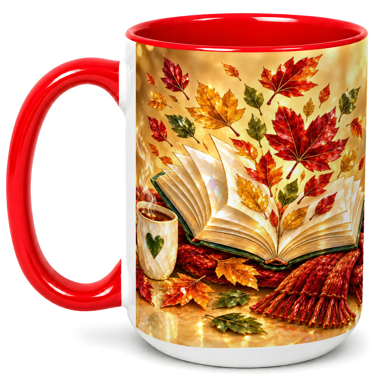 #pl[15oz|Red] Jeweled Autumn Coffee Mug, Cozy Reading Mug, Ceramic Cup