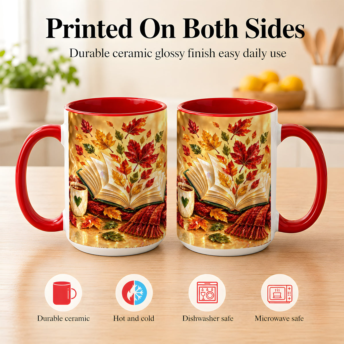 #pl[15oz|Red] Jeweled Autumn Coffee Mug, Cozy Reading Mug, Ceramic Cup