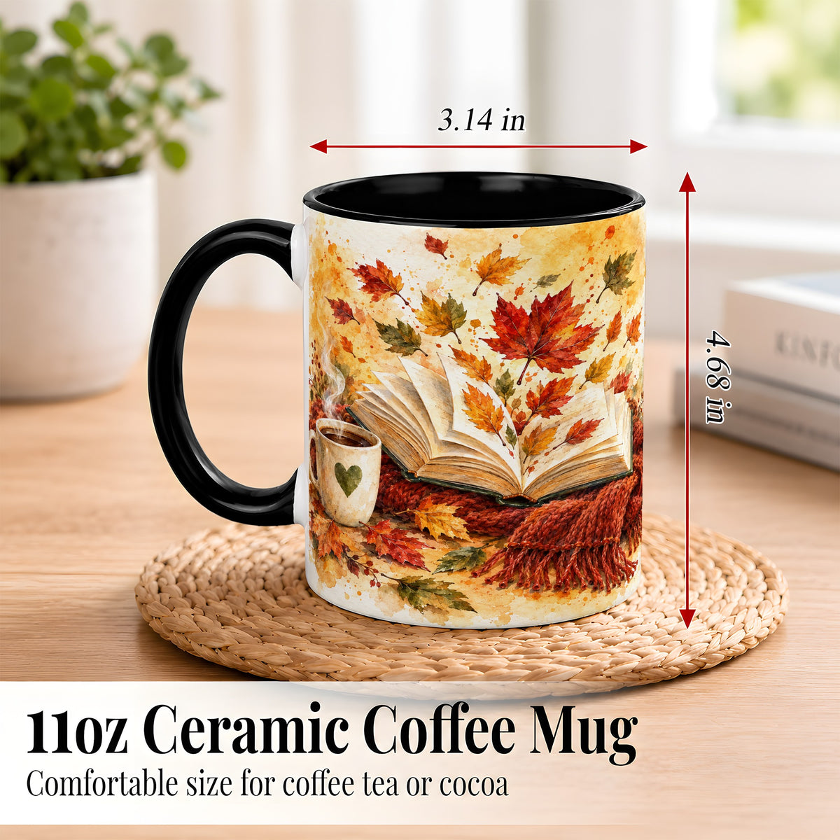 #pl[11oz|Black] Autumn Reading Coffee Mug, Cozy Book Mug, Ceramic Cup