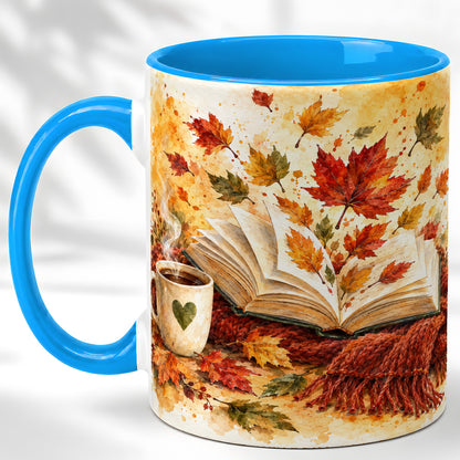 #pl[11oz|Blue] Autumn Reading Coffee Mug, Cozy Book Mug, Ceramic Cup