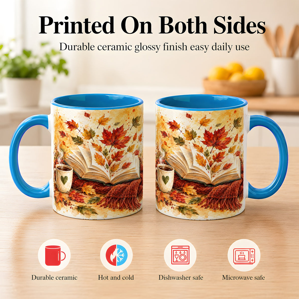 #pl[11oz|Blue] Autumn Reading Coffee Mug, Cozy Book Mug, Ceramic Cup