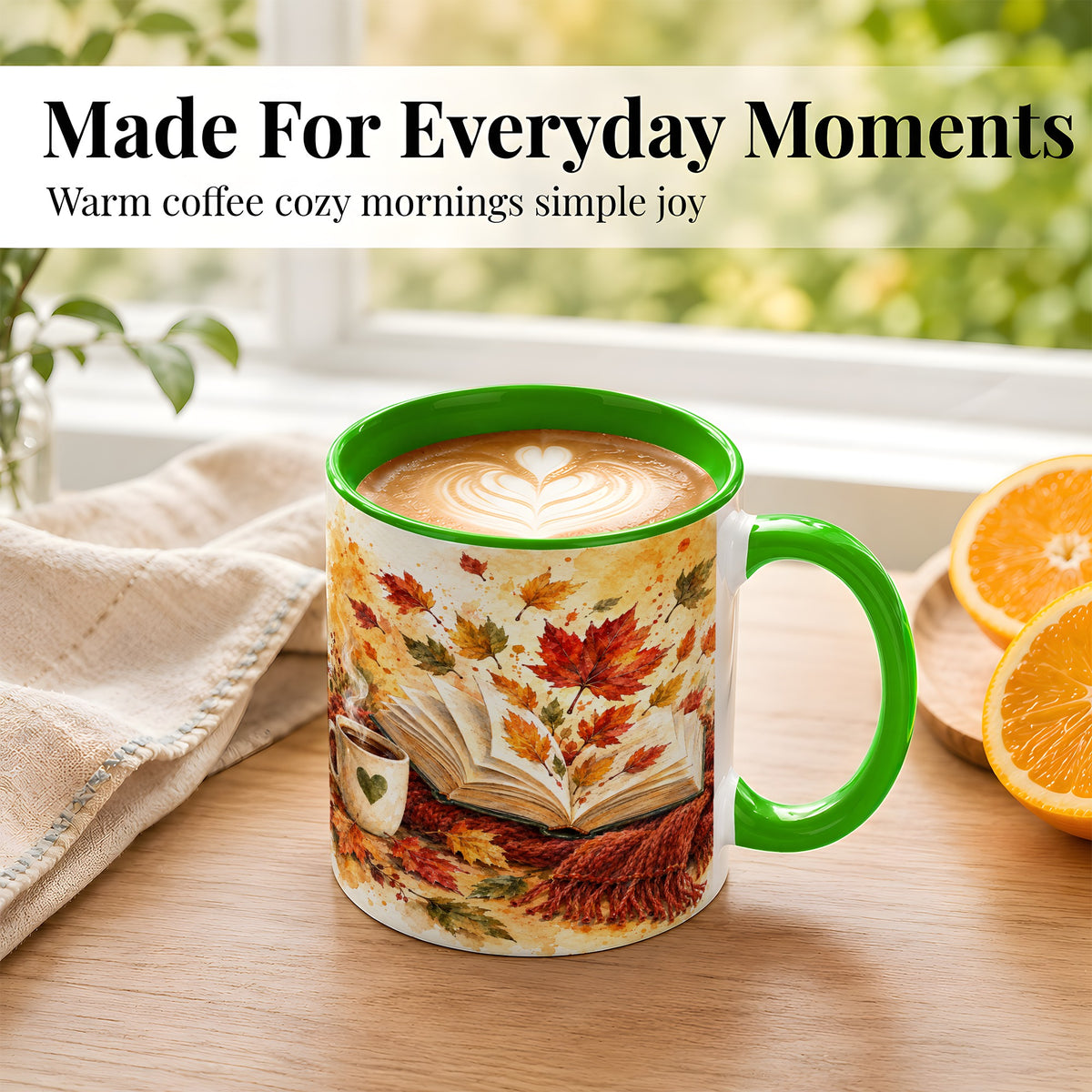 #pl[11oz|Green] Autumn Reading Coffee Mug, Cozy Book Mug, Ceramic Cup