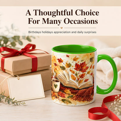 #pl[11oz|Green] Autumn Reading Coffee Mug, Cozy Book Mug, Ceramic Cup