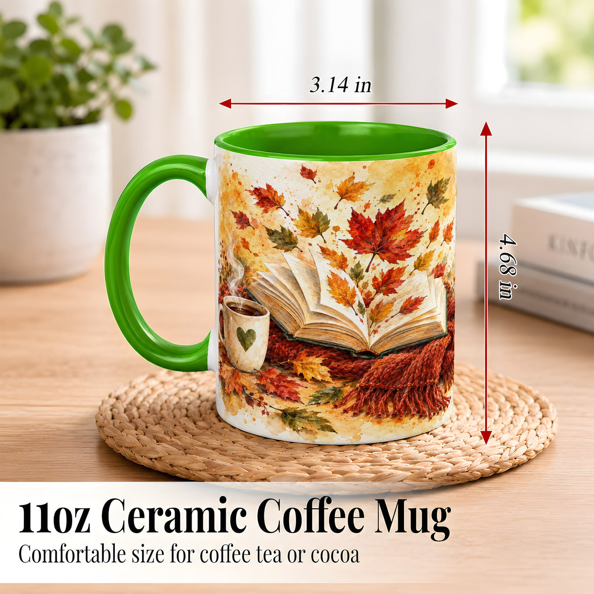 #pl[11oz|Green] Autumn Reading Coffee Mug, Cozy Book Mug, Ceramic Cup