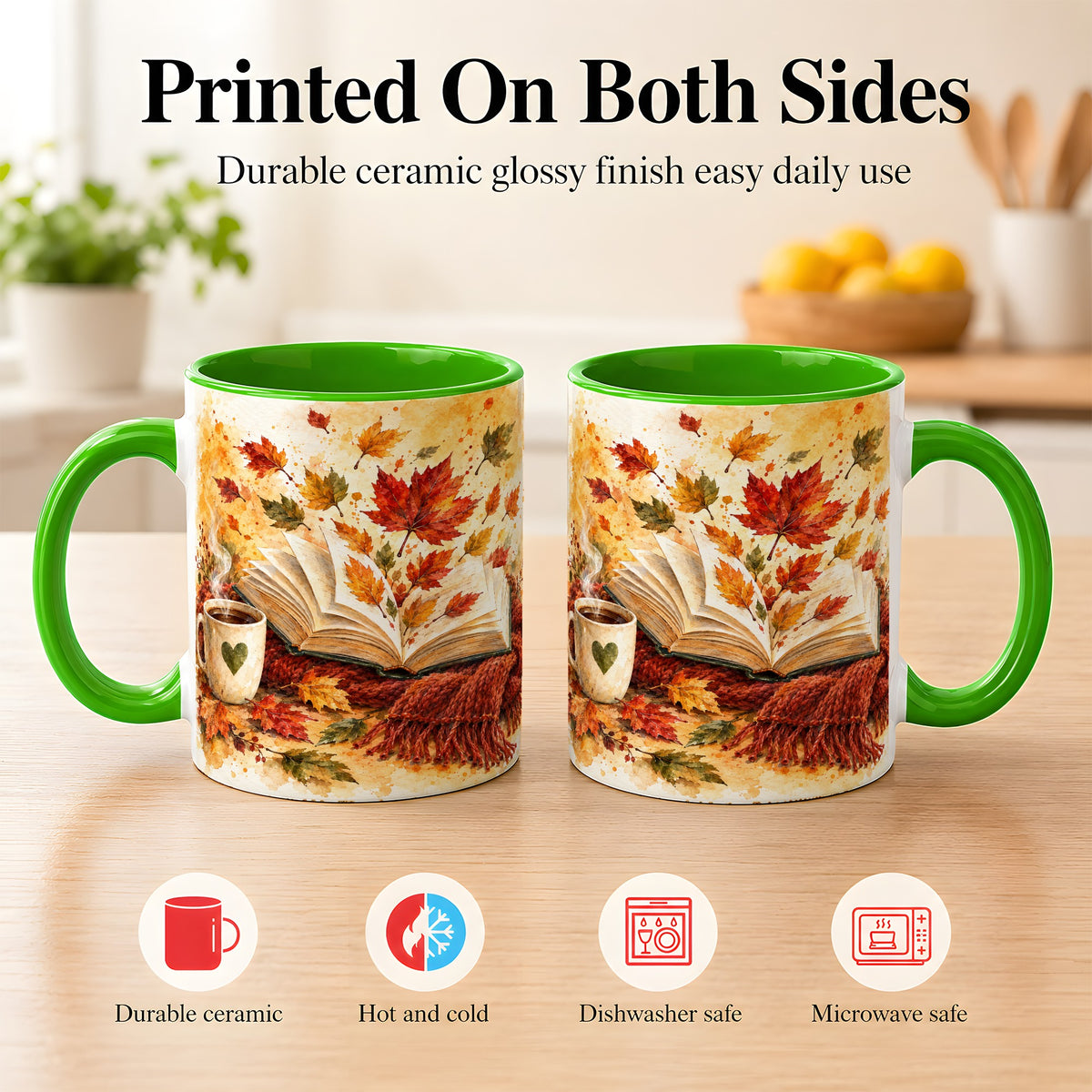 #pl[11oz|Green] Autumn Reading Coffee Mug, Cozy Book Mug, Ceramic Cup