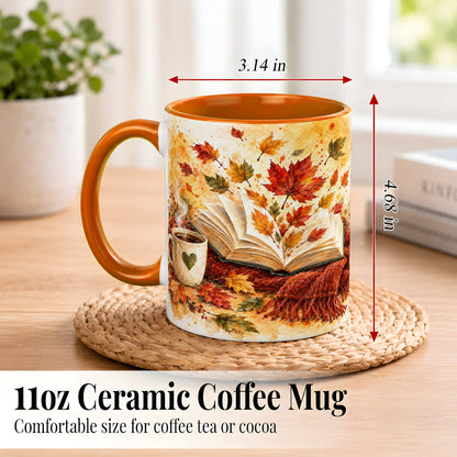 #pl[11oz|Orange] Autumn Reading Coffee Mug, Cozy Book Mug, Ceramic Cup