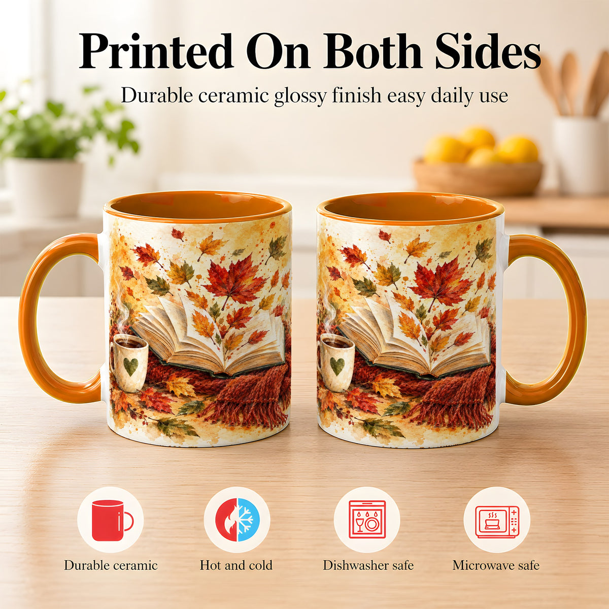 #pl[11oz|Orange] Autumn Reading Coffee Mug, Cozy Book Mug, Ceramic Cup