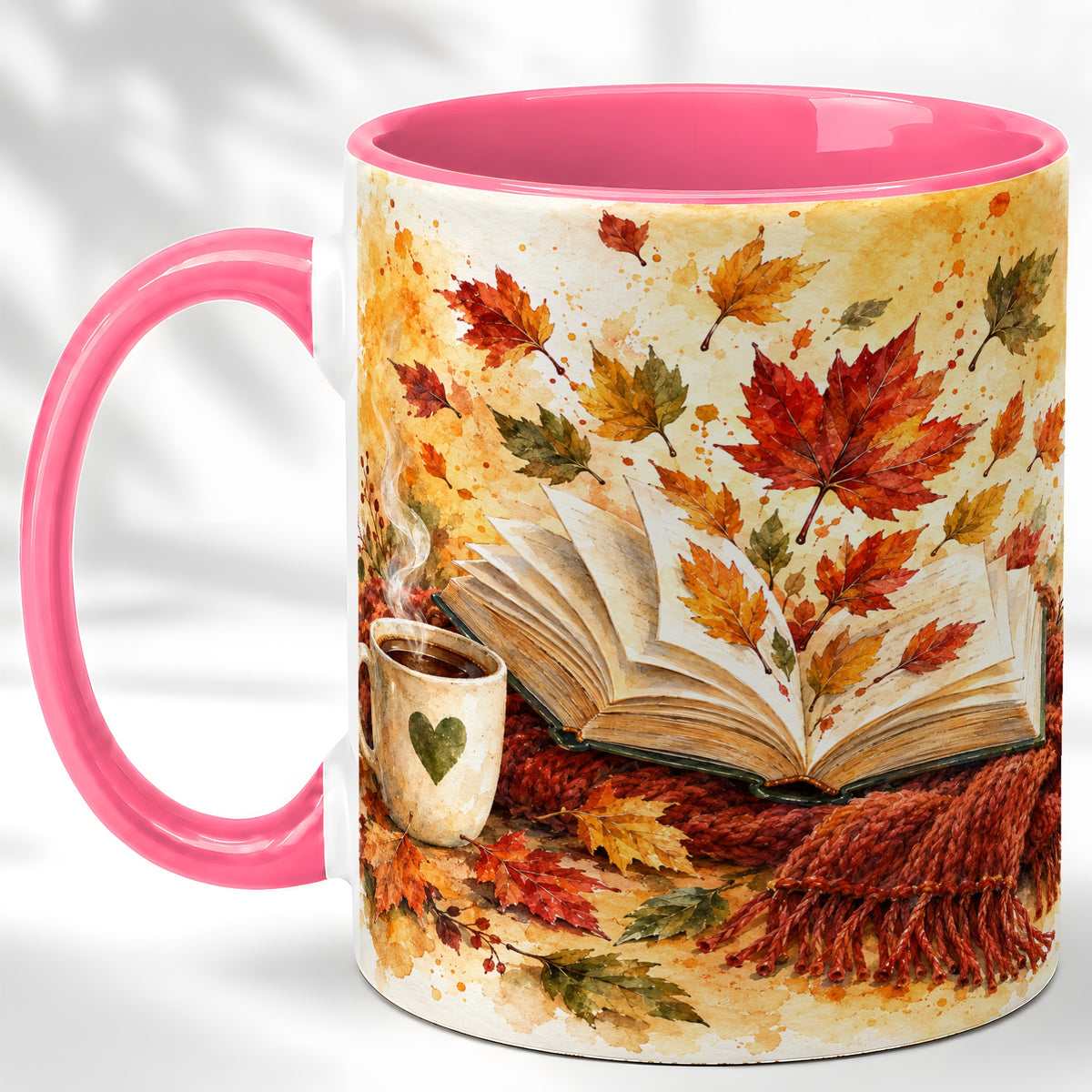 #pl[11oz|Pink] Autumn Reading Coffee Mug, Cozy Book Mug, Ceramic Cup