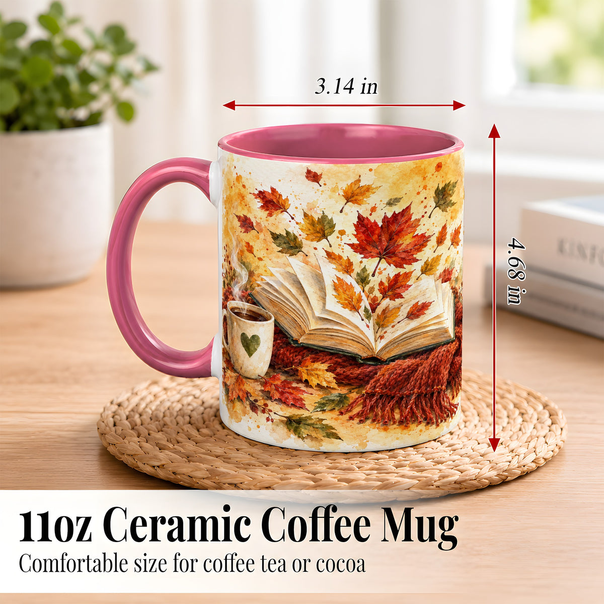 #pl[11oz|Pink] Autumn Reading Coffee Mug, Cozy Book Mug, Ceramic Cup