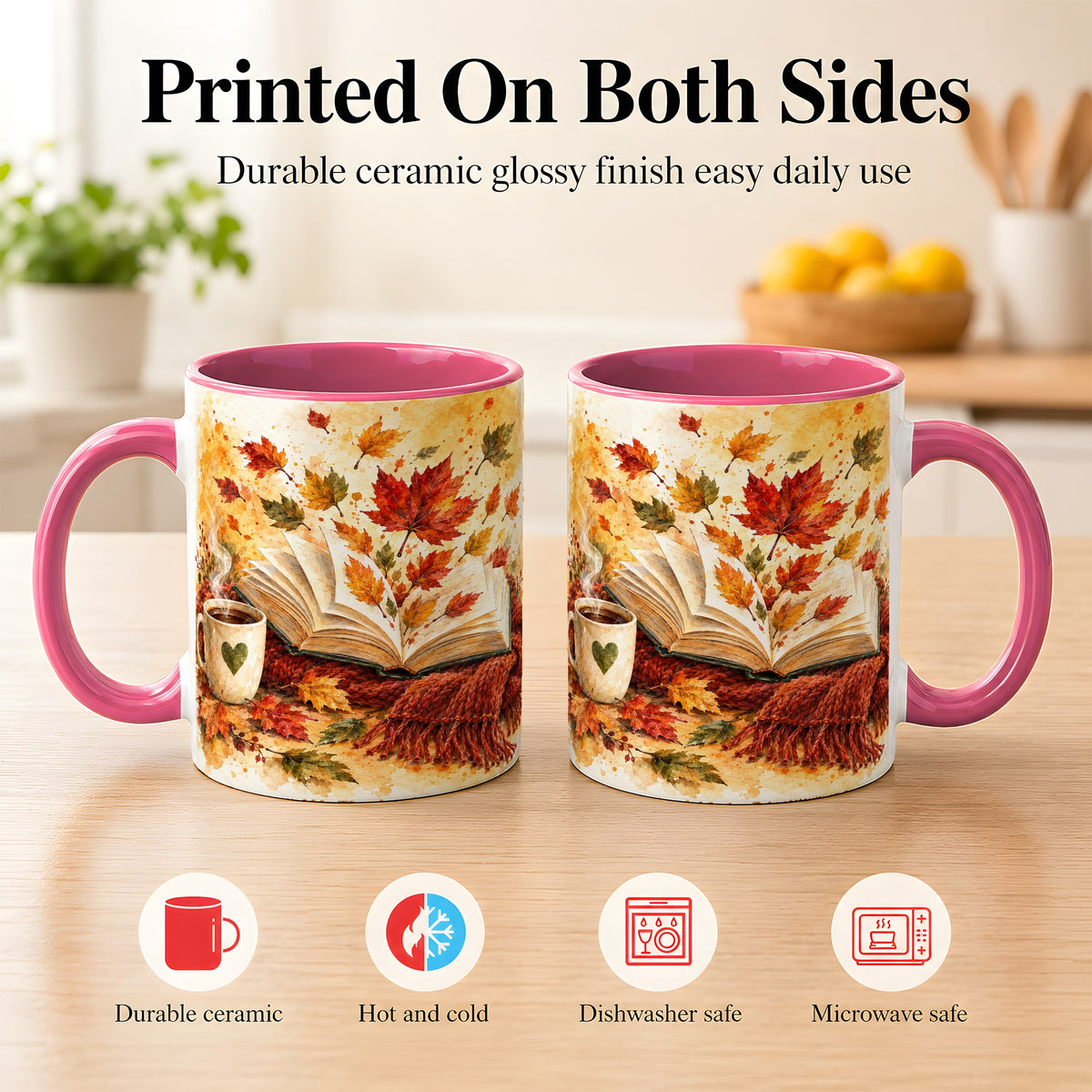 #pl[11oz|Pink] Autumn Reading Coffee Mug, Cozy Book Mug, Ceramic Cup