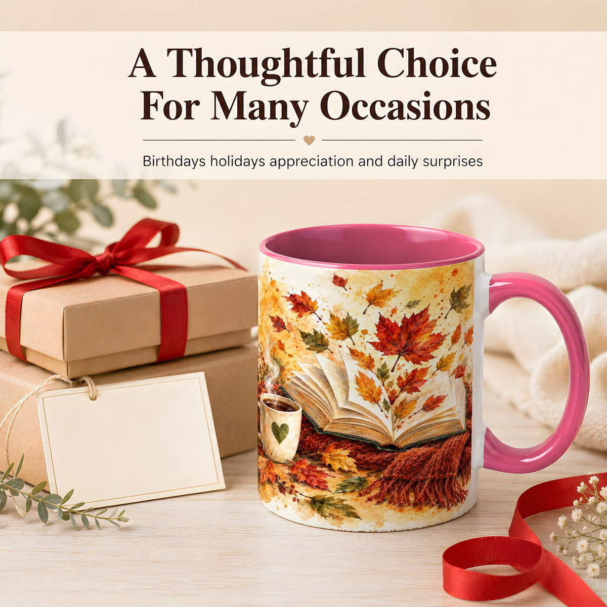 #pl[11oz|Pink] Autumn Reading Coffee Mug, Cozy Book Mug, Ceramic Cup
