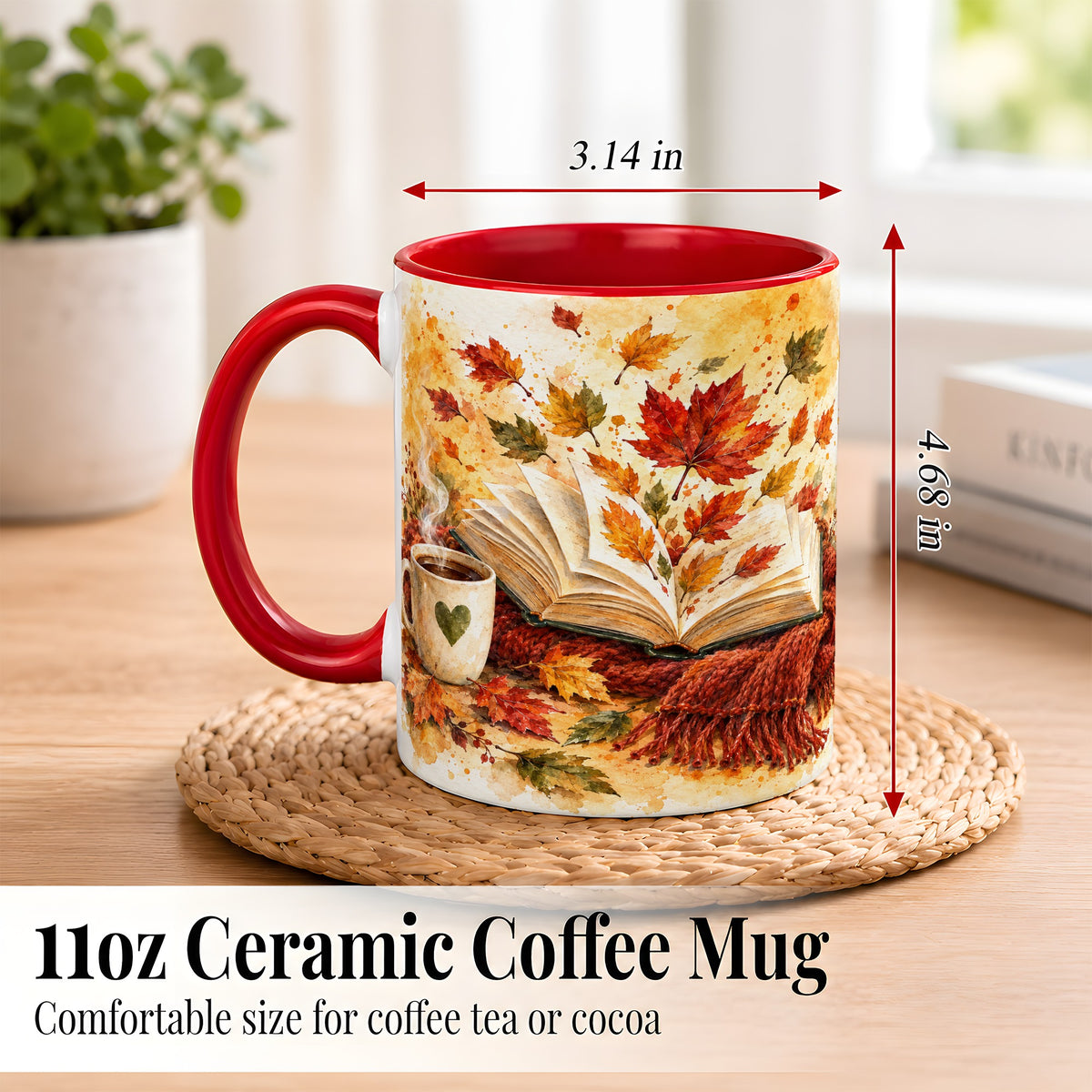 #pl[11oz|Red] Autumn Reading Coffee Mug, Cozy Book Mug, Ceramic Cup