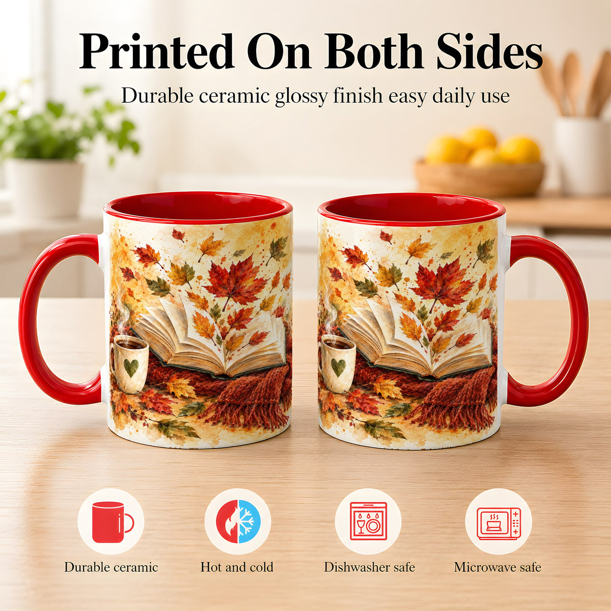 #pl[11oz|Red] Autumn Reading Coffee Mug, Cozy Book Mug, Ceramic Cup