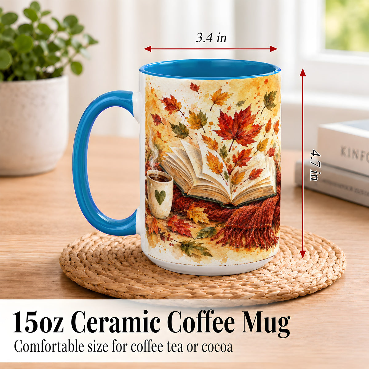 #pl[15oz|Blue] Autumn Reading Coffee Mug, Cozy Book Mug, Ceramic Cup