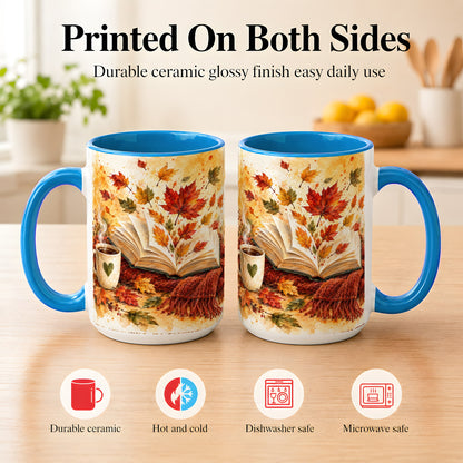 #pl[15oz|Blue] Autumn Reading Coffee Mug, Cozy Book Mug, Ceramic Cup