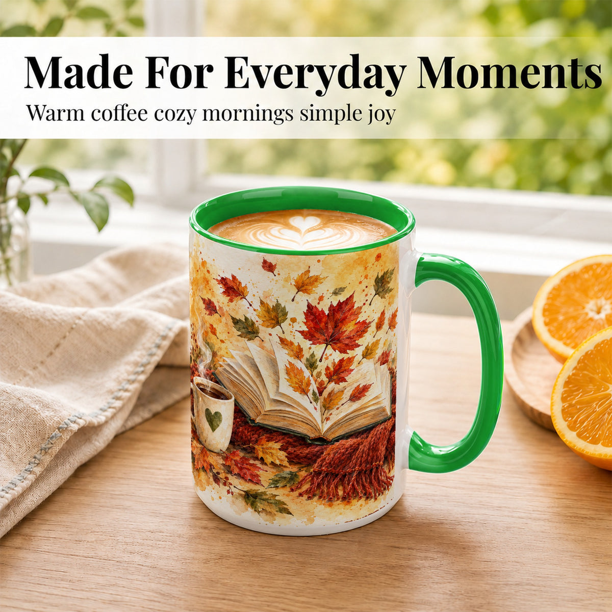 #pl[15oz|Green] Autumn Reading Coffee Mug, Cozy Book Mug, Ceramic Cup