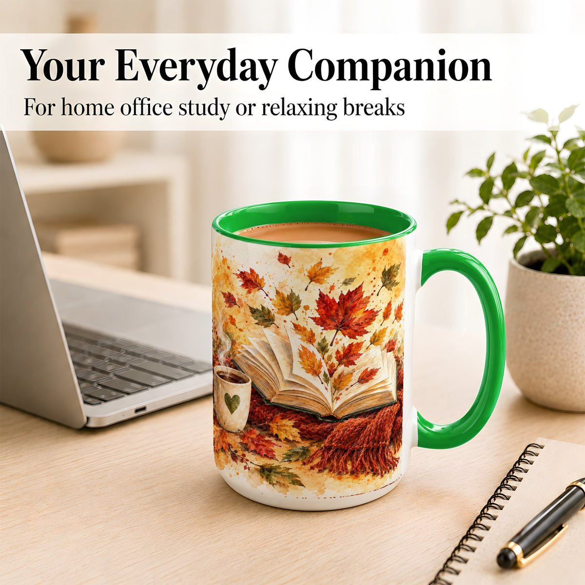 #pl[15oz|Green] Autumn Reading Coffee Mug, Cozy Book Mug, Ceramic Cup