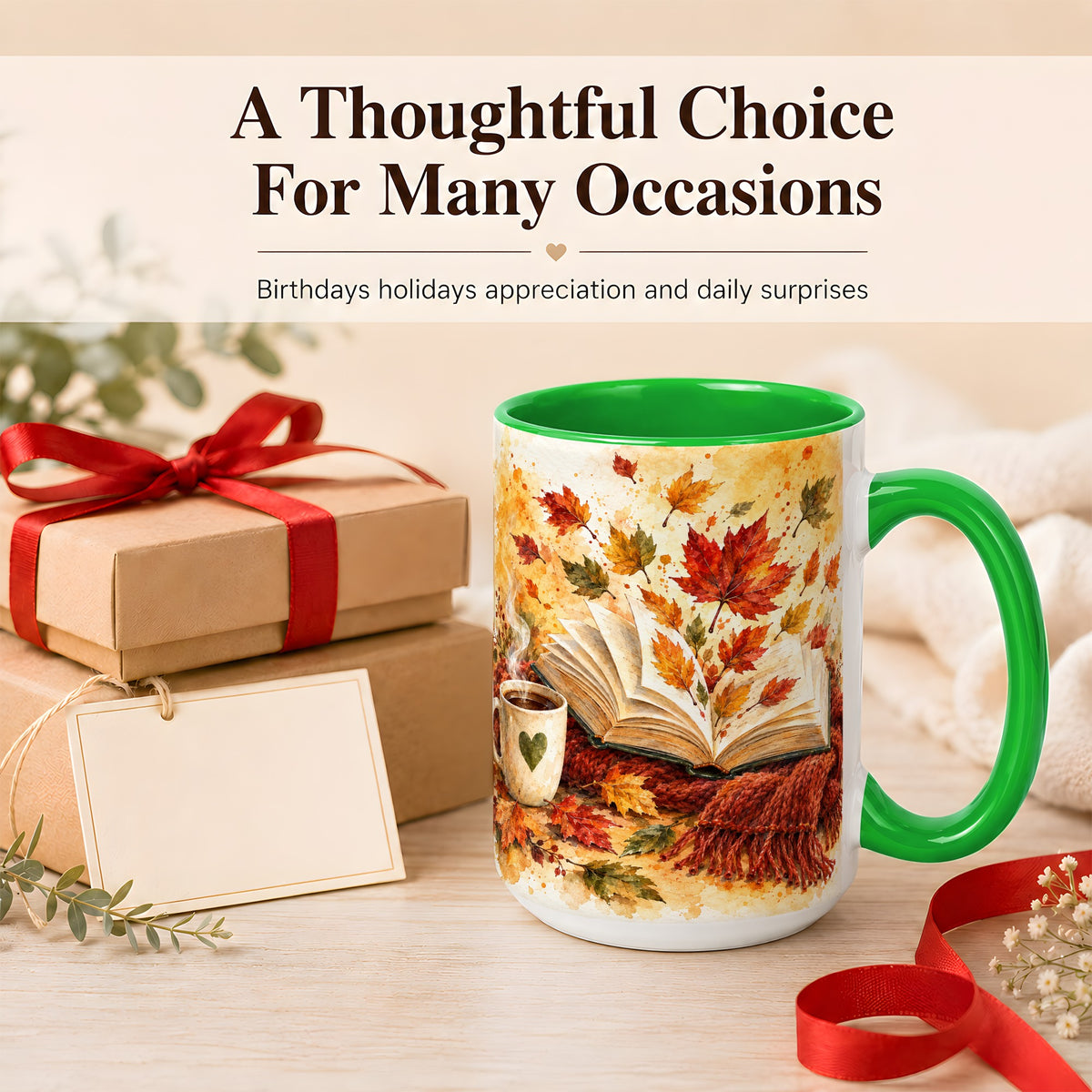 #pl[15oz|Green] Autumn Reading Coffee Mug, Cozy Book Mug, Ceramic Cup