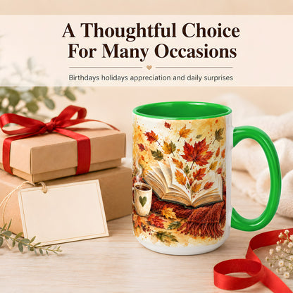 #pl[15oz|Green] Autumn Reading Coffee Mug, Cozy Book Mug, Ceramic Cup