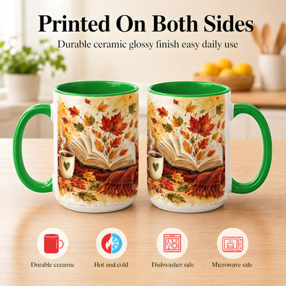 #pl[15oz|Green] Autumn Reading Coffee Mug, Cozy Book Mug, Ceramic Cup