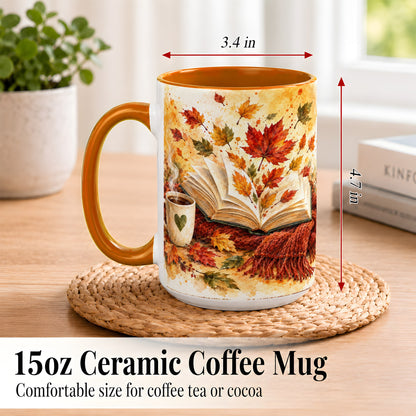 #pl[15oz|Orange] Autumn Reading Coffee Mug, Cozy Book Mug, Ceramic Cup