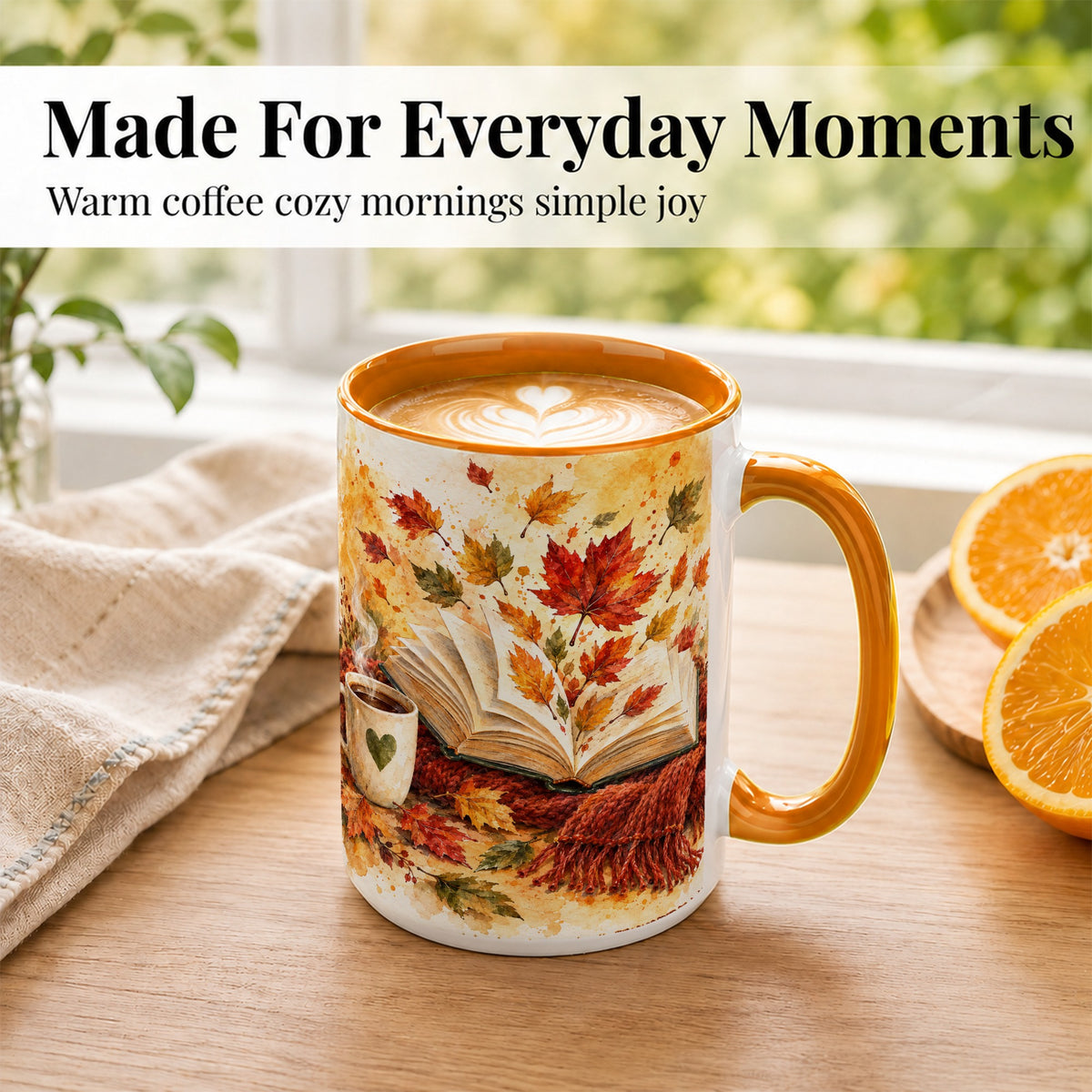 #pl[15oz|Orange] Autumn Reading Coffee Mug, Cozy Book Mug, Ceramic Cup