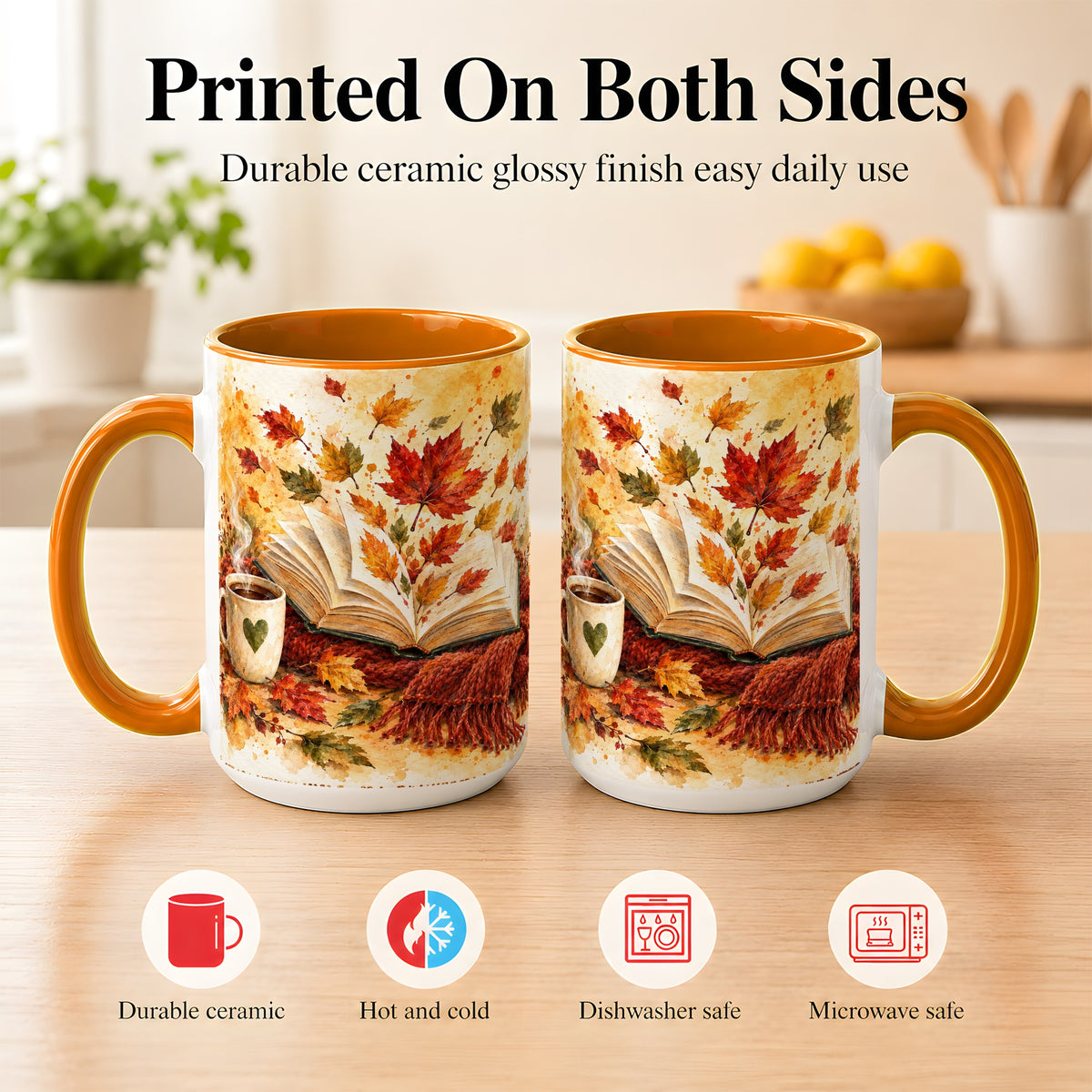 #pl[15oz|Orange] Autumn Reading Coffee Mug, Cozy Book Mug, Ceramic Cup