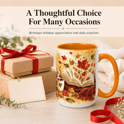 #pl[15oz|Orange] Autumn Reading Coffee Mug, Cozy Book Mug, Ceramic Cup