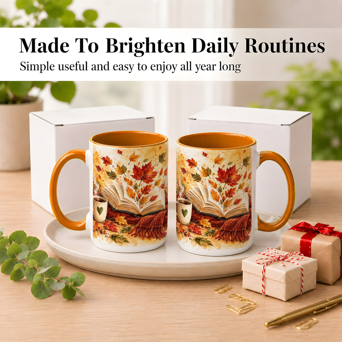 #pl[15oz|Orange] Autumn Reading Coffee Mug, Cozy Book Mug, Ceramic Cup
