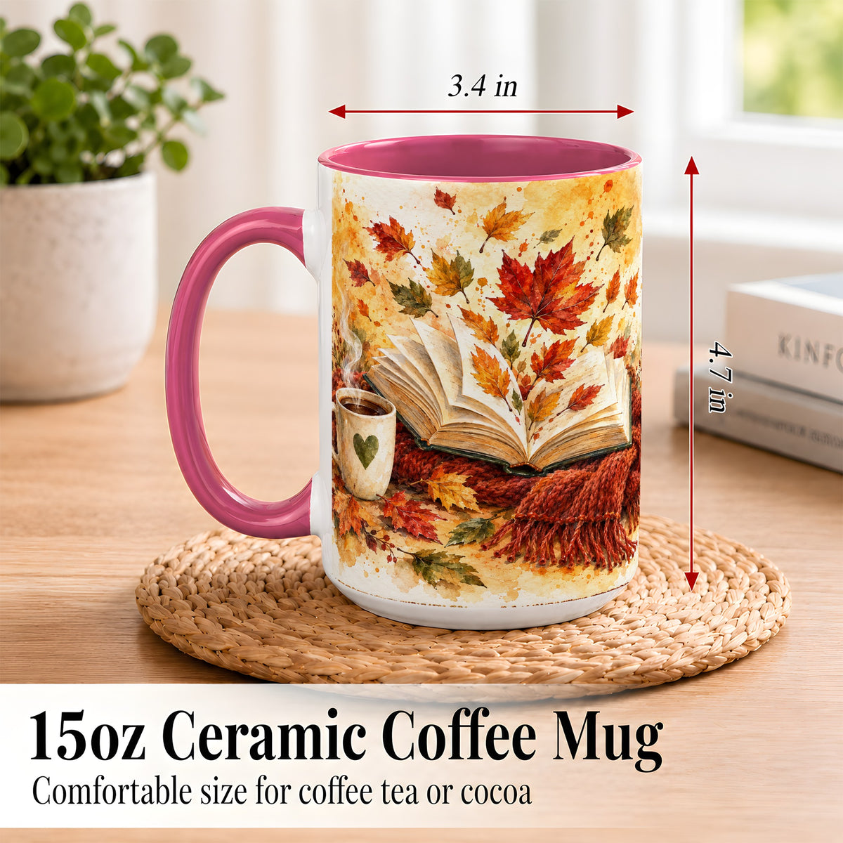 #pl[15oz|Pink] Autumn Reading Coffee Mug, Cozy Book Mug, Ceramic Cup