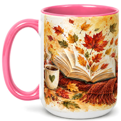 #pl[15oz|Pink] Autumn Reading Coffee Mug, Cozy Book Mug, Ceramic Cup