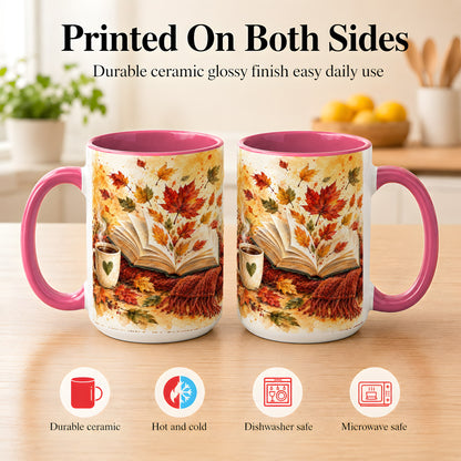 #pl[15oz|Pink] Autumn Reading Coffee Mug, Cozy Book Mug, Ceramic Cup