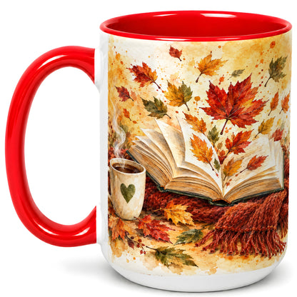 #pl[15oz|Red] Autumn Reading Coffee Mug, Cozy Book Mug, Ceramic Cup